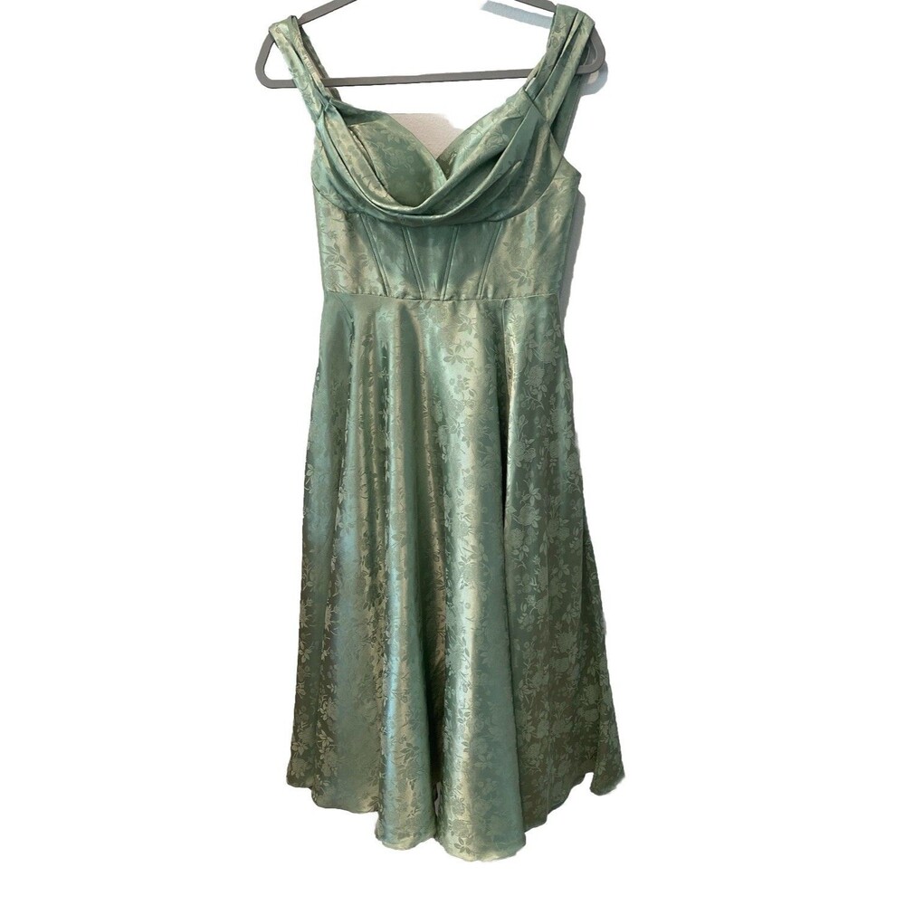 B Darlin Green Sweetheart Neck Jacquard Floral Gown Midi Dress Sz 3/4 Fairy Core - Picture 2 of 10